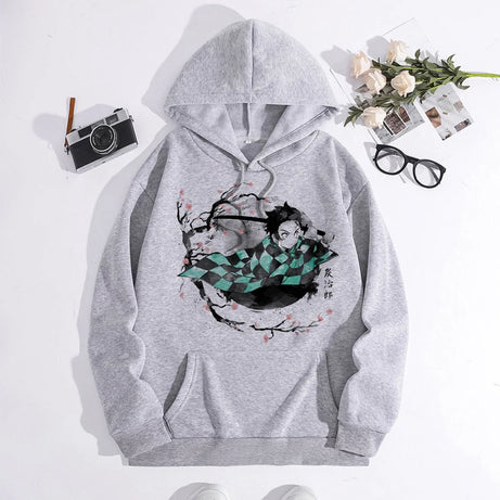 Japanese Anime Demon Slayer Hoodie Unisex Kamado Tanjirou Graphic Sweatshirts Greys Y2k Harajuku Fashion Cartoon Pullover Winter