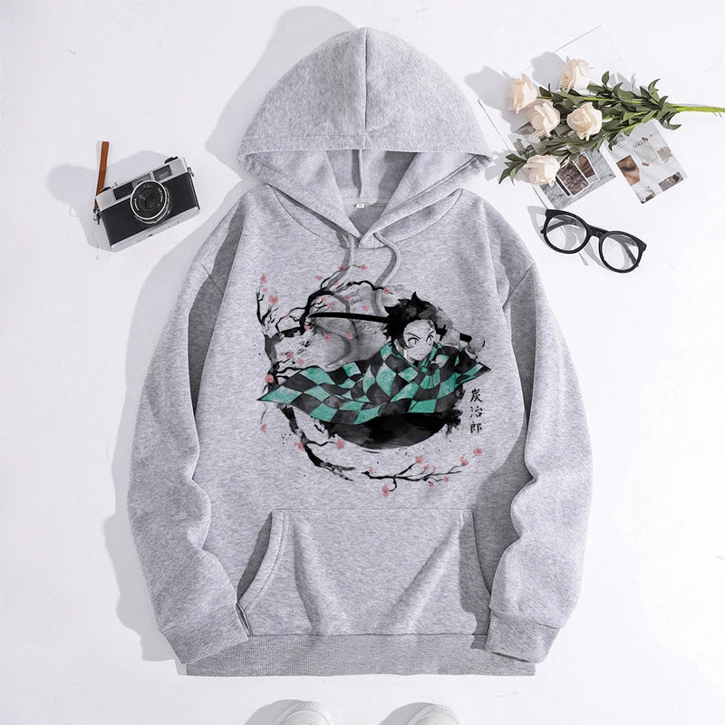 Japanese Anime Demon Slayer Hoodie Unisex Kamado Tanjirou Graphic Sweatshirts Greys Y2k Harajuku Fashion Cartoon Pullover Winter