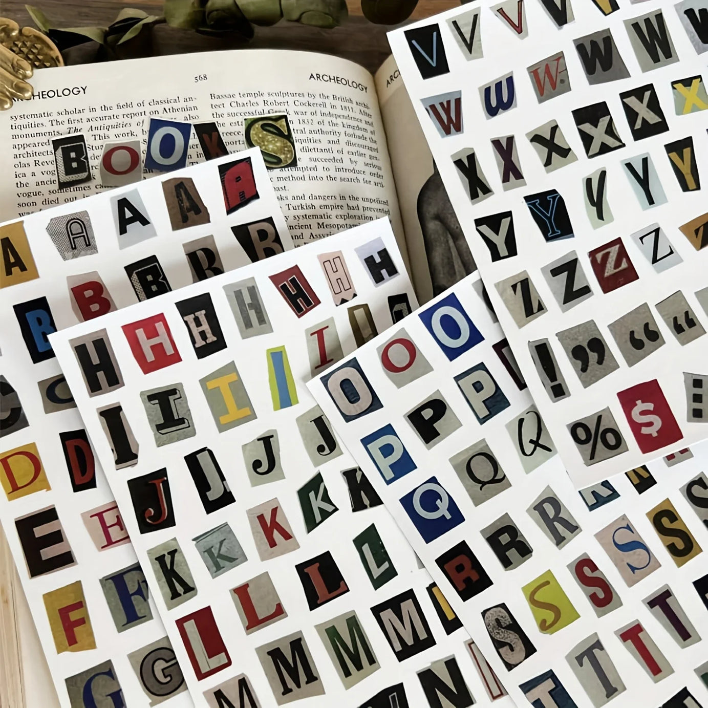 181pcs/4-Sheet English Alphabet Number Symbol Sticker Pack, Vintage Scrapbook Aesthetic Journaling Supplies Kit, Letter Stickers