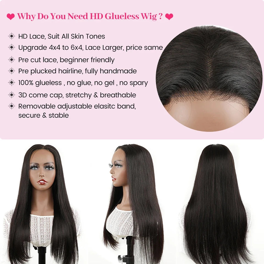 Perruques ISEE Hair sans colle, cheveux humains, prêtes à porter, lisses, pré-épilées, faciles à porter, avec lace front 7x5HD et dentelle prédécoupée.