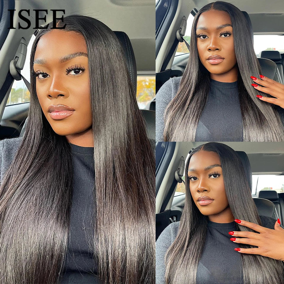 Perruques ISEE Hair sans colle, cheveux humains, prêtes à porter, lisses, pré-épilées, faciles à porter, avec lace front 7x5HD et dentelle prédécoupée.