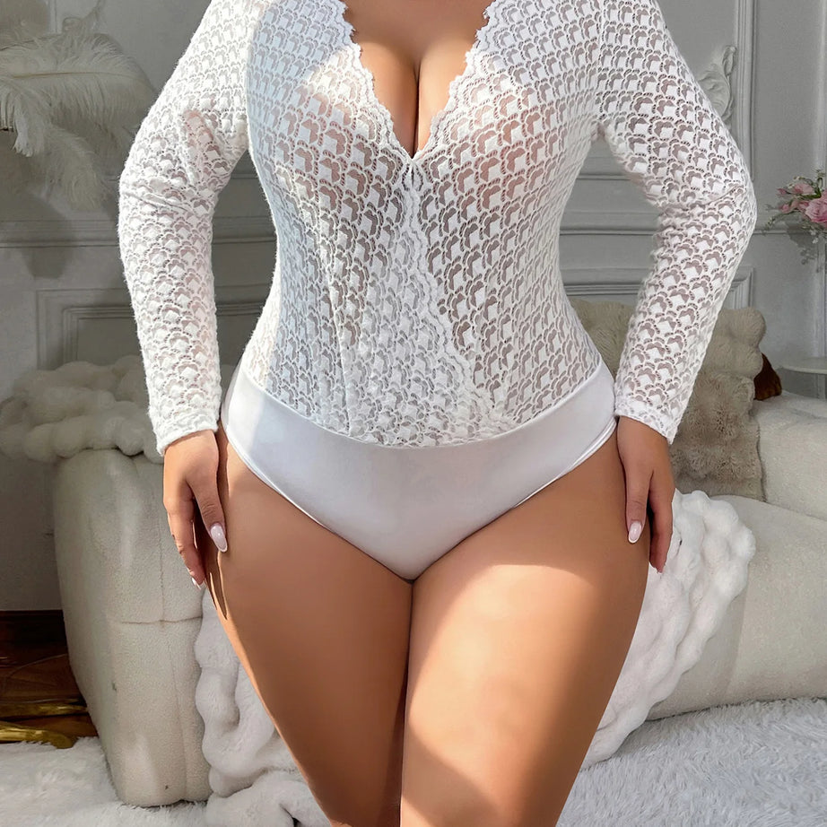 Sexy White Lace Sheer Bodysuits Elegant Long Sleeve New Hollow Out Inner Wear Women's Bodysuits Transparent V Neck Charming 8ABE