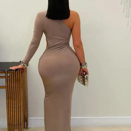 Beyprern Beautiful One Sleeve Cut-Out Metal Tirm Long Maxi Dress For Women Glam Solid Color Slim Party Dress Christmas Outfits