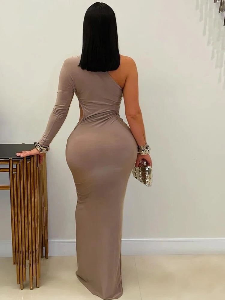 Beyprern Magnifique robe longue maxi asymétrique à découpe métallique pour femme, couleur unie glamour, coupe cintrée, idéale pour les fêtes et Noël