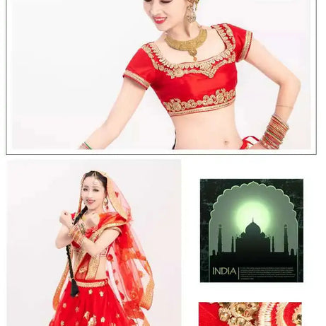 Yiman Exotic Indian Dance Dress Ethnic Style Female Photo Belly Dance Sari Top Big Swing Skirt Lengha Set