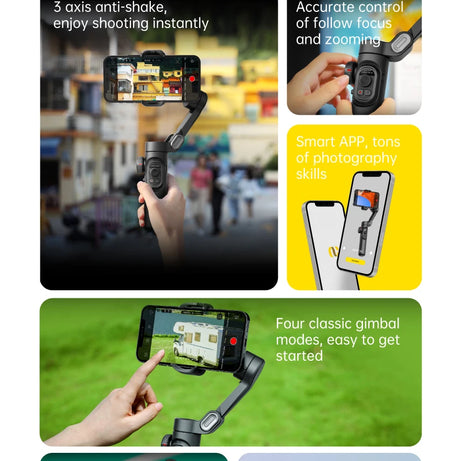 Stabilisateur à cardan 3 axes pour smartphone, pliable, portable, pour l'enregistrement vidéo, les vlogs et les appareils Android. Stabilisateur anti-tremblement PTZ pour iPhone et Android.