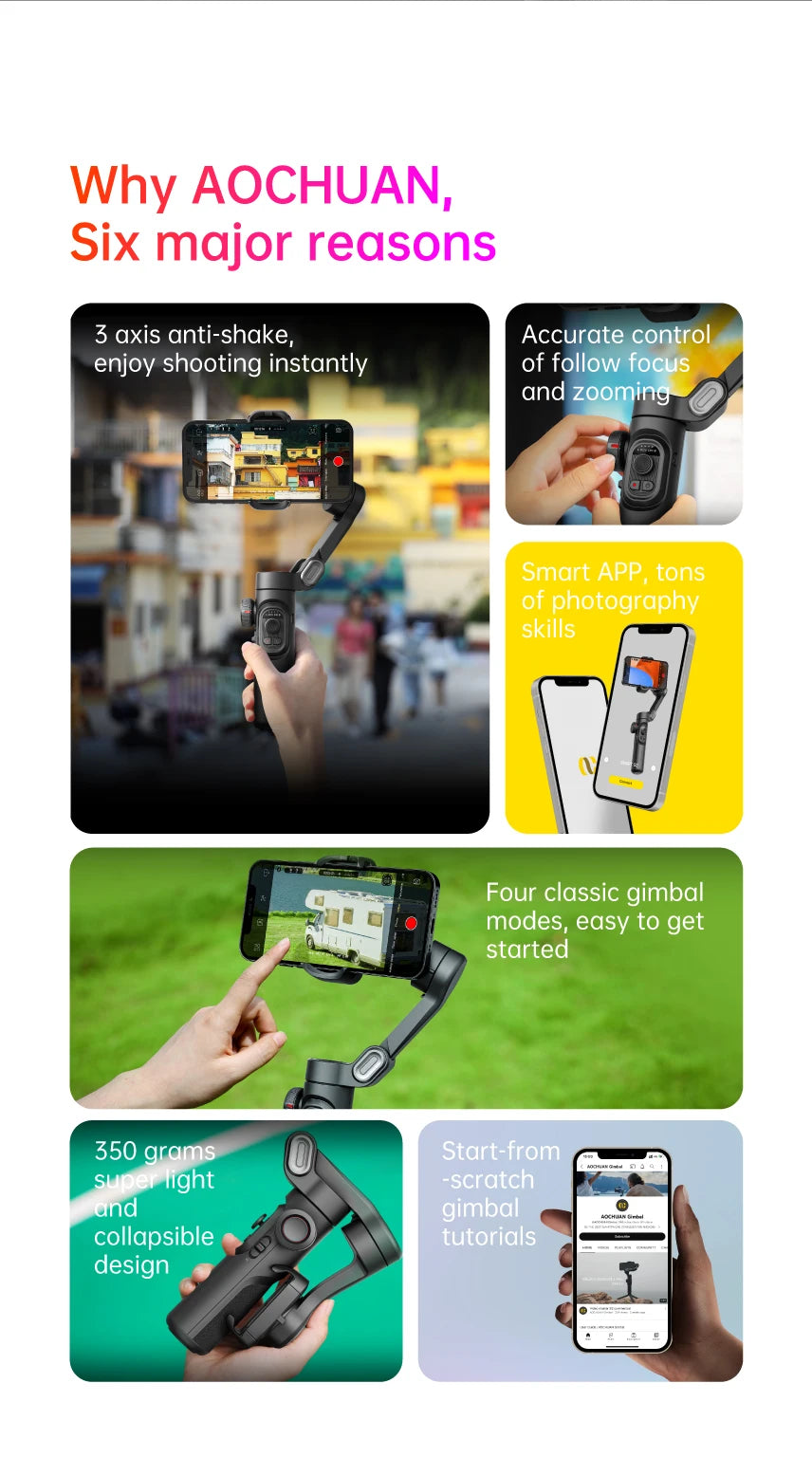 Stabilisateur à cardan 3 axes pour smartphone, pliable, portable, pour l'enregistrement vidéo, les vlogs et les appareils Android. Stabilisateur anti-tremblement PTZ pour iPhone et Android.