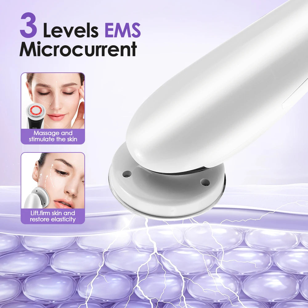 Appareil de massage facial EMS 7 en 1, instrument de beauté pour le visage avec vibrations induites, compresses chaudes et thérapie par la lumière LED.
