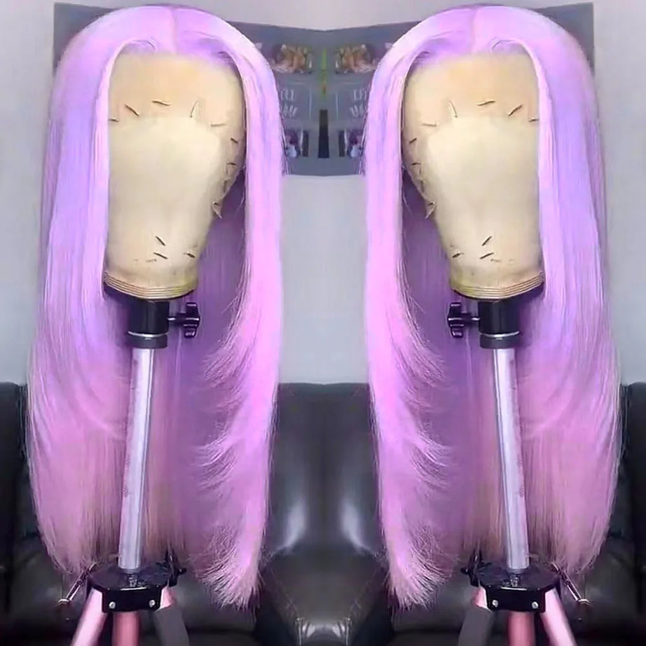 RONGDUOYI Perruque rose dégradée, lisse, avec lace front, cheveux naturels longs et raides, perruque synthétique en fibre chauffante violette pour cosplay