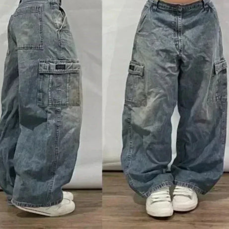 Jean tendance streetwear brodé de têtes de mort pour femme, style Harajuku Y2K, pantalon droit à jambes larges, style Joker, jean décontracté pour couple