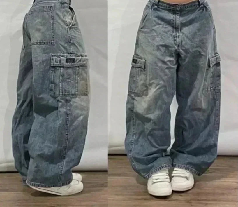 Jean tendance streetwear brodé de têtes de mort pour femme, style Harajuku Y2K, pantalon droit à jambes larges, style Joker, jean décontracté pour couple