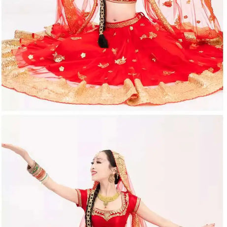 Yiman Exotic Indian Dance Dress Ethnic Style Female Photo Belly Dance Sari Top Big Swing Skirt Lengha Set