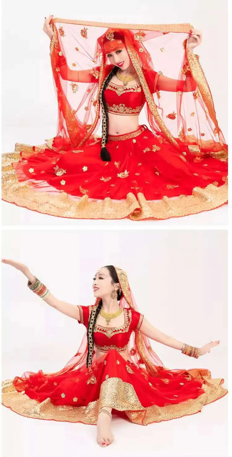 Yiman Exotic Indian Dance Dress Ethnic Style Female Photo Belly Dance Sari Top Big Swing Skirt Lengha Set