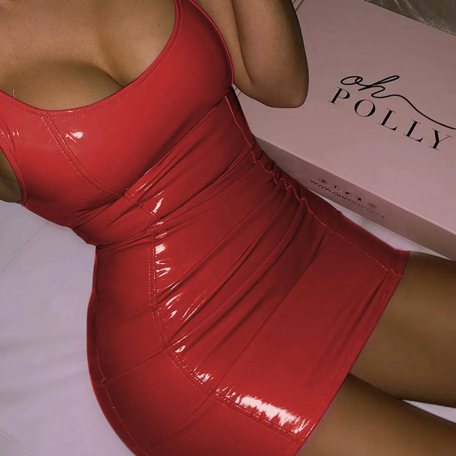 Robes Femme Été 2025 Soirée Boîte de Nuit Sexy et Tendance Robe Mini Sans Manches Fermeture Élastique en PU Haute Élastique Col Rond Jupe Cache-Cou
