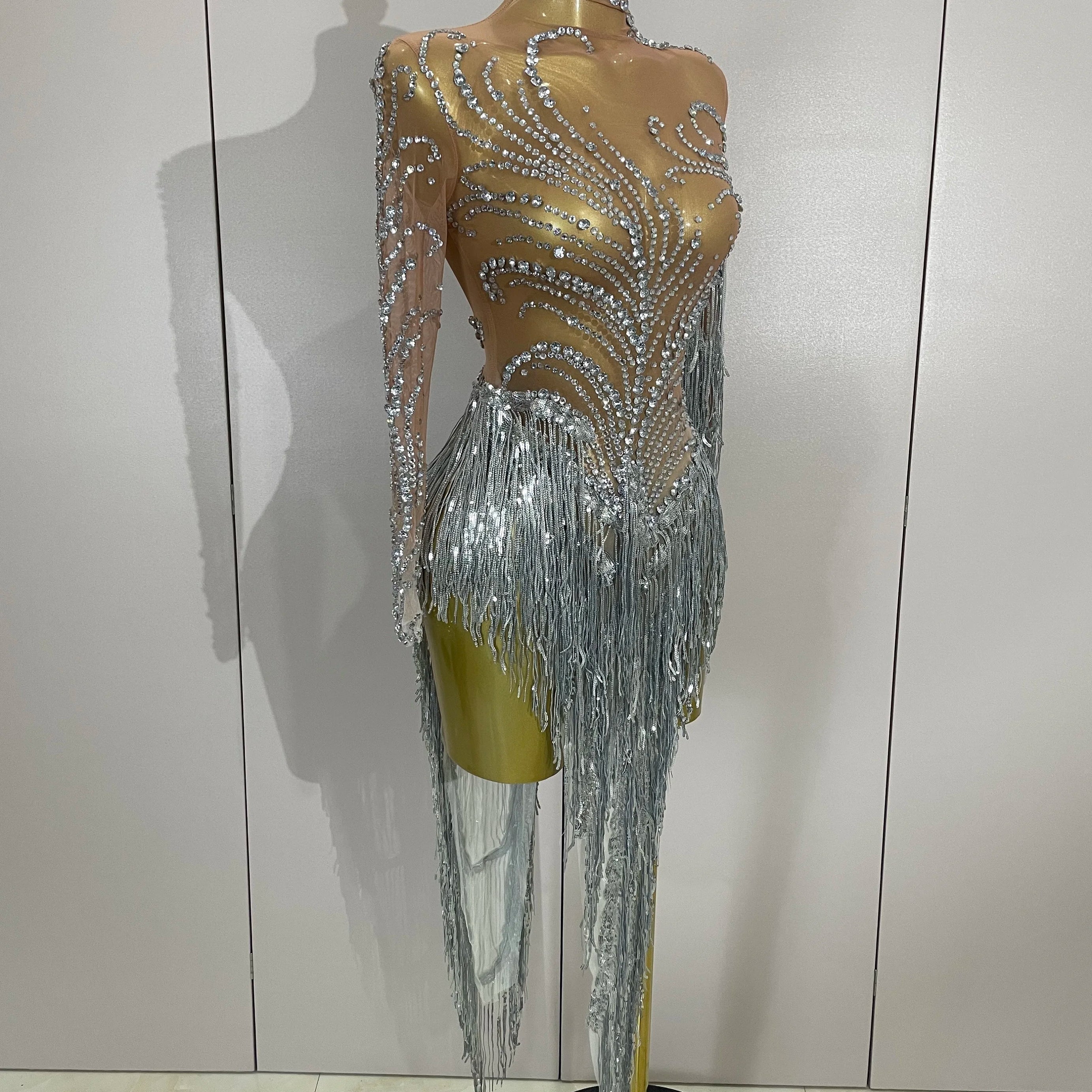 Women Sparkly Rhinestone Pearl Sequins Tassel Sexy Transparent Dress Evening Birthday Party Nightclub Dance Singer Stage Outfit