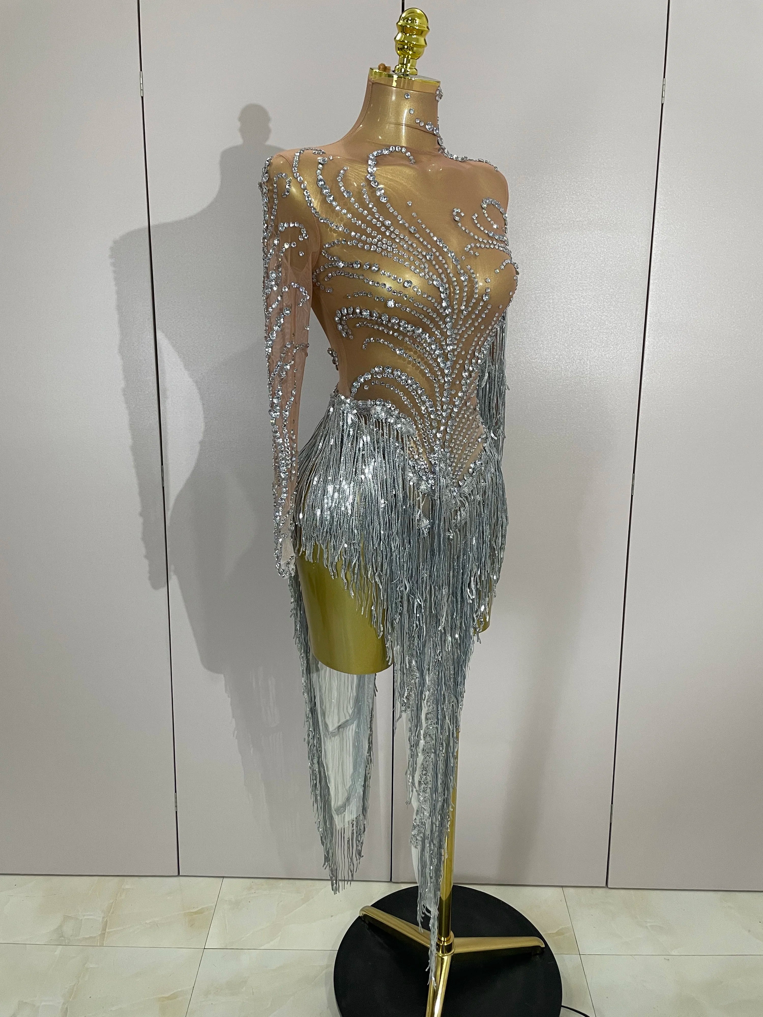 Women Sparkly Rhinestone Pearl Sequins Tassel Sexy Transparent Dress Evening Birthday Party Nightclub Dance Singer Stage Outfit