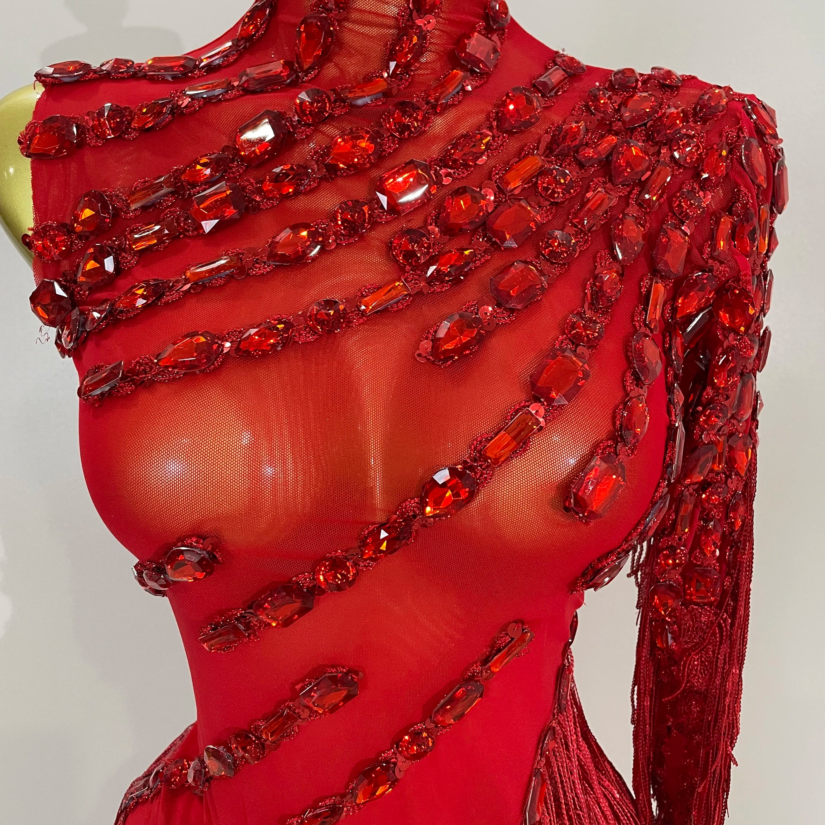 New Stage Costume Sparkly Rhinestones Tassel Sexy See-Through Dress Women One Shoulder Latin Dance Bars Nightclub Party Outfits