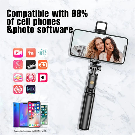 Perche à selfie sans fil avec trépied, lampe et télécommande Bluetooth extensible pour iPhone et streaming TikTok en direct