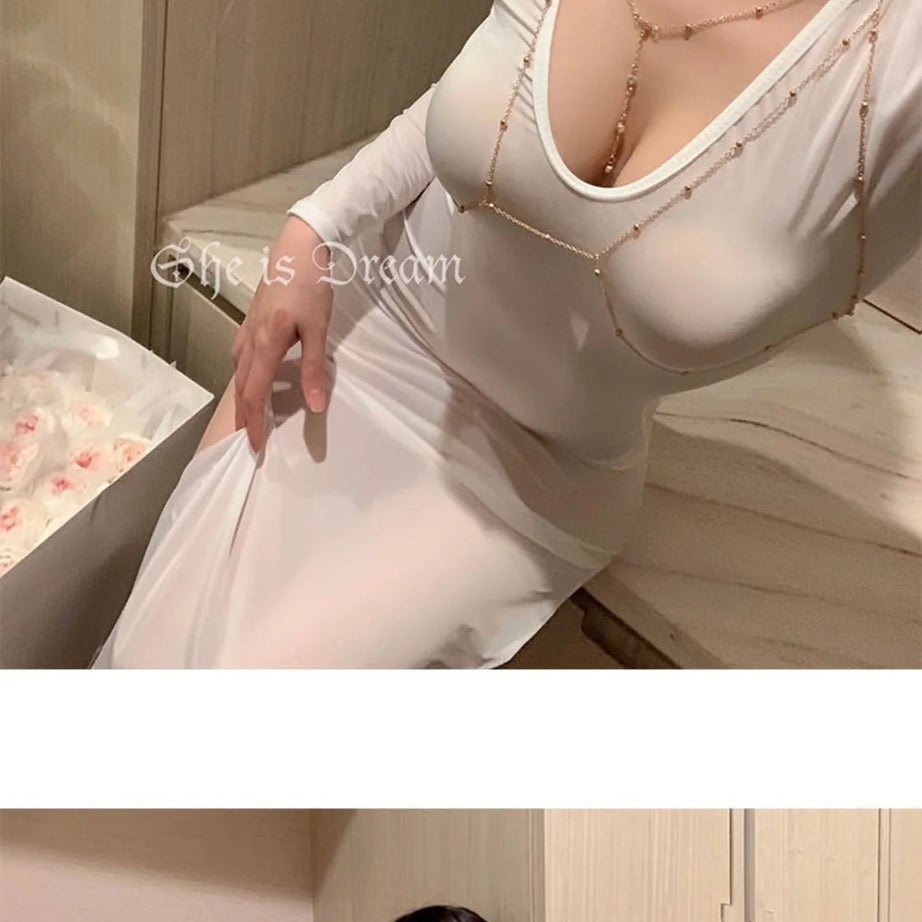 Robe longue maxi sexy et transparente en soie glacée, dentelle et tulle, collection été 2023, style coréen, blanche (I4SM)