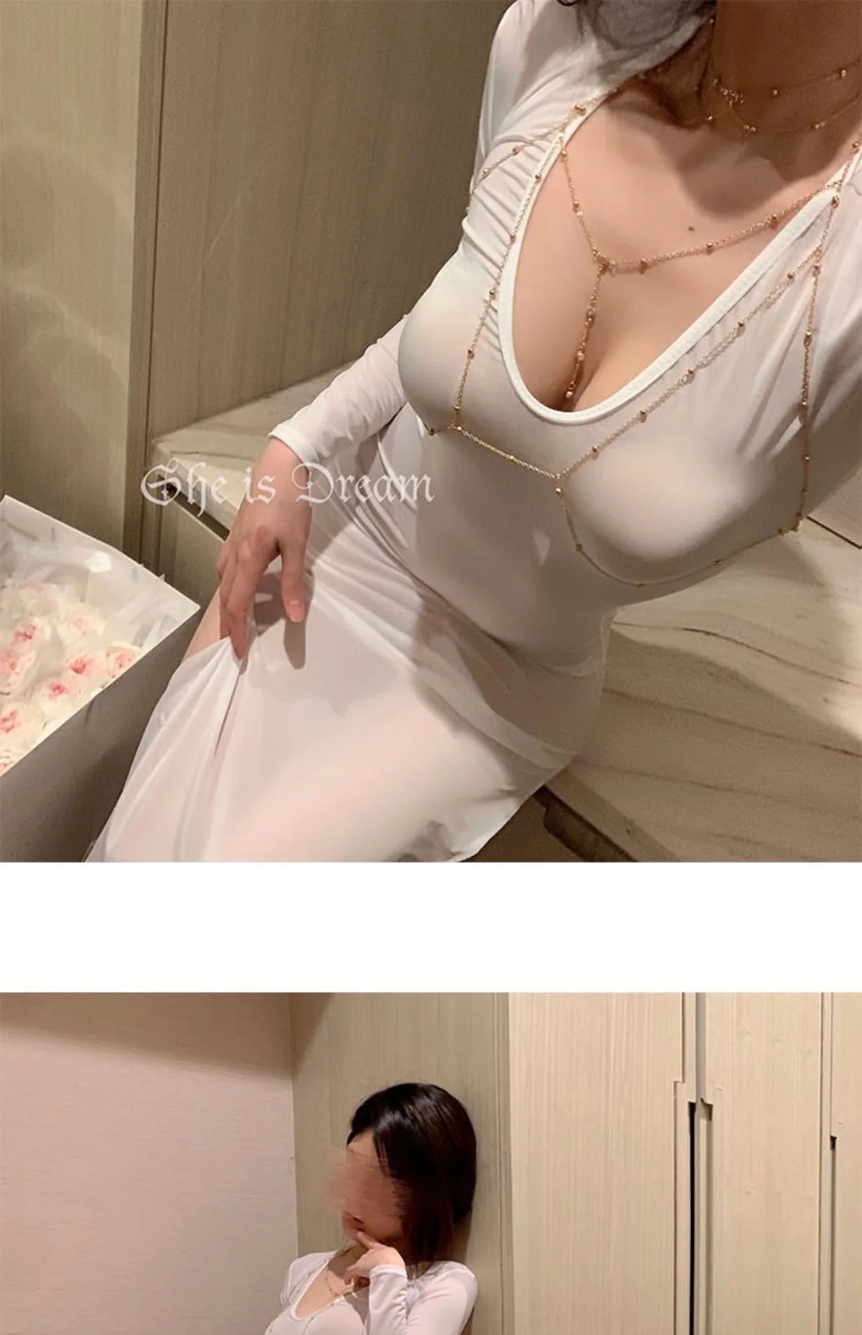 Robe longue maxi sexy et transparente en soie glacée, dentelle et tulle, collection été 2023, style coréen, blanche (I4SM)