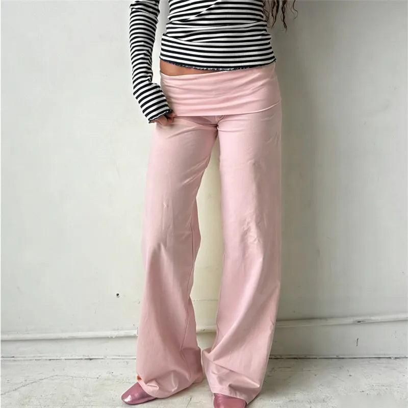 Pantalon large femme, couleur unie, taille repliable, pantalon décontracté printemps automne, pantalon de jogging ample, style streetwear Y2K