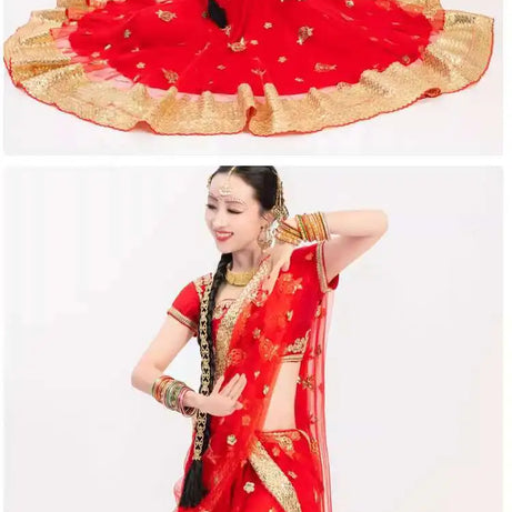 Yiman Exotic Indian Dance Dress Ethnic Style Female Photo Belly Dance Sari Top Big Swing Skirt Lengha Set