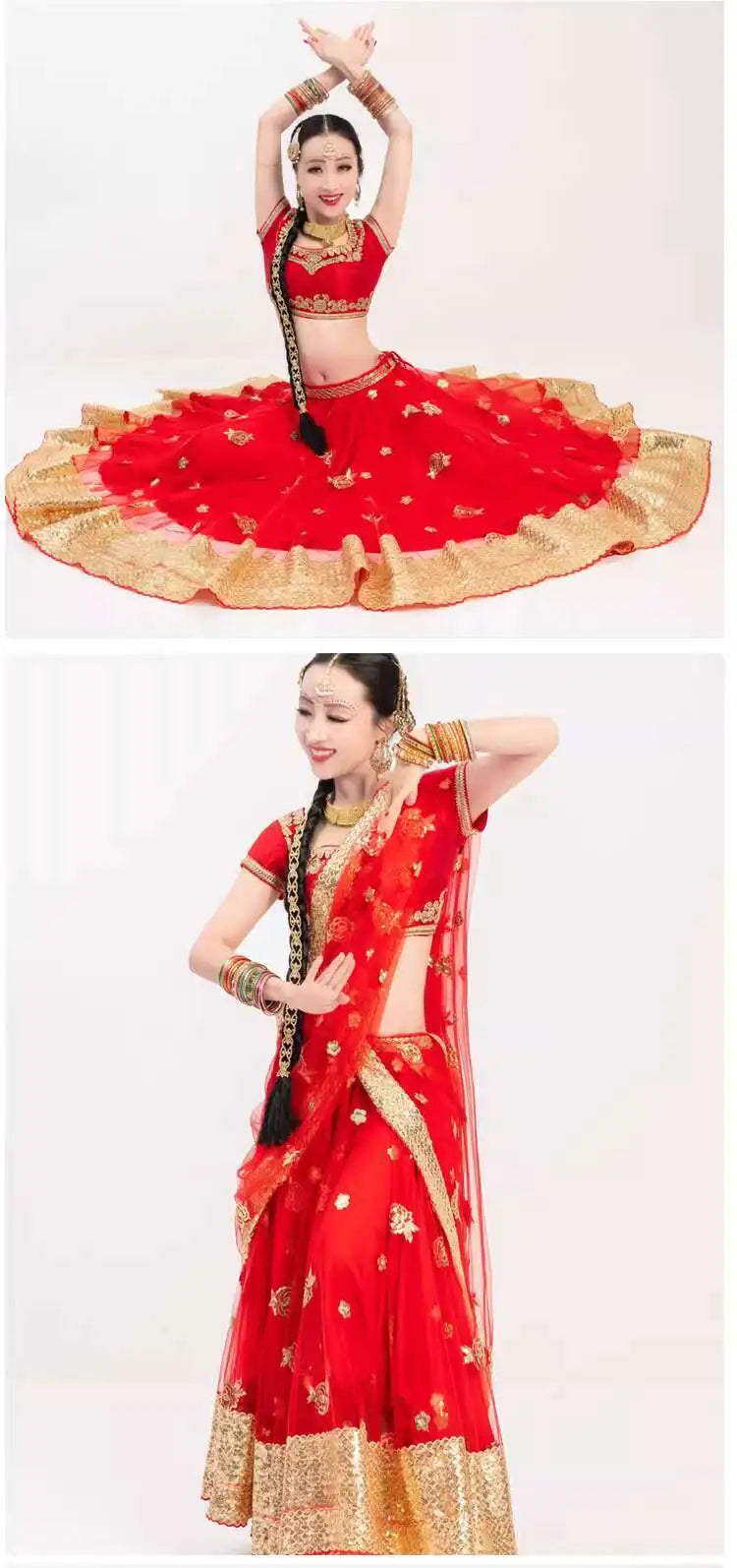 Yiman Exotic Indian Dance Dress Ethnic Style Female Photo Belly Dance Sari Top Big Swing Skirt Lengha Set