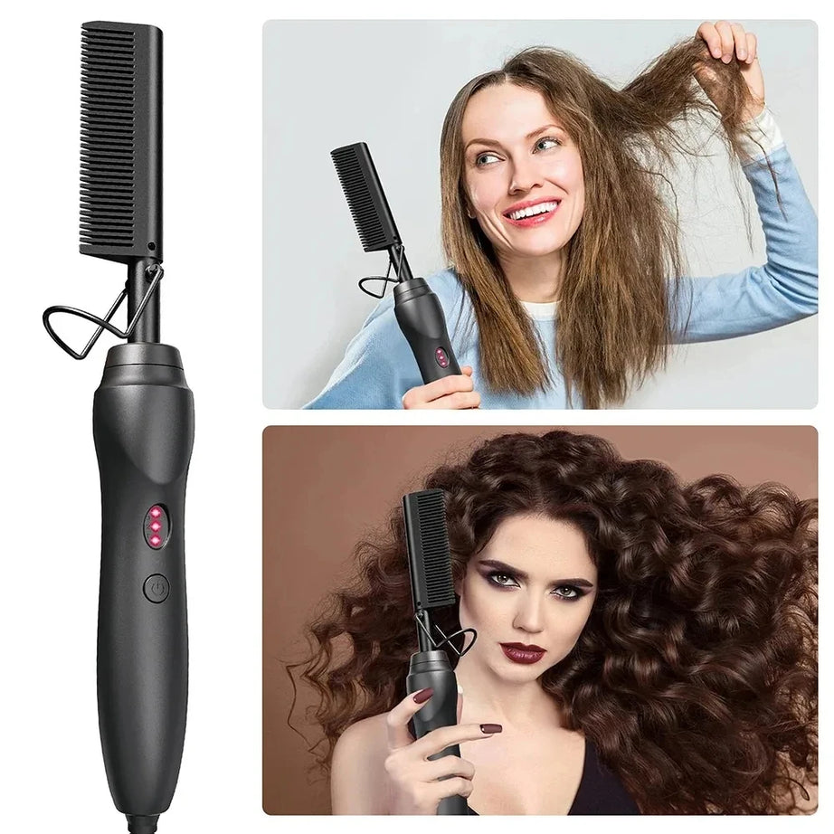Peigne chauffant électrique rose, fer à lisser pour cheveux, barbe et perruques, utilisable sur cheveux secs ou mouillés.