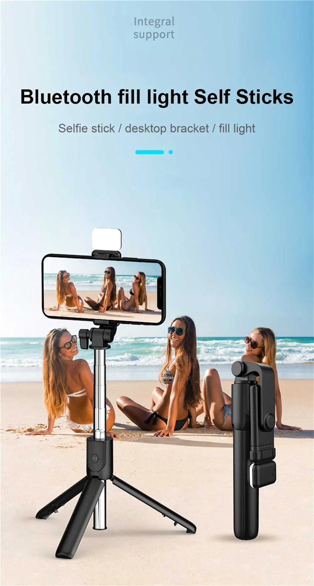 Perche à selfie avec trépied, télécommande Bluetooth et support de téléphone sans fil avec lumière LED intégrée pour le streaming en direct.