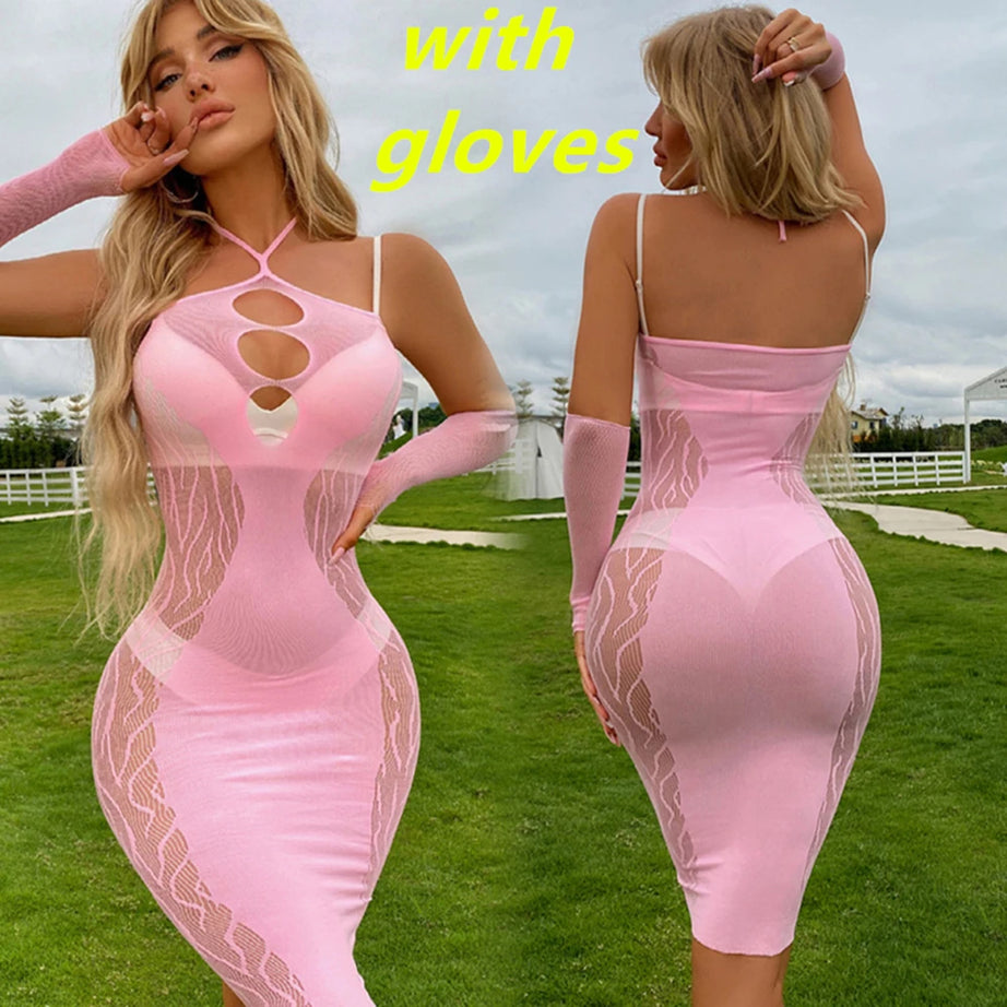 High Elasticity Fashion Hip Wrap Skirt Quality Female Nightdress Mesh Transparent Bodycon Dress Ladies Sex Hollow Tight Lingerie