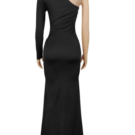 Beyprern Beautiful One Sleeve Cut-Out Metal Tirm Long Maxi Dress For Women Glam Solid Color Slim Party Dress Christmas Outfits