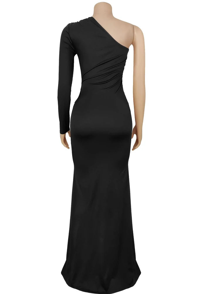 Beyprern Beautiful One Sleeve Cut-Out Metal Tirm Long Maxi Dress For Women Glam Solid Color Slim Party Dress Christmas Outfits