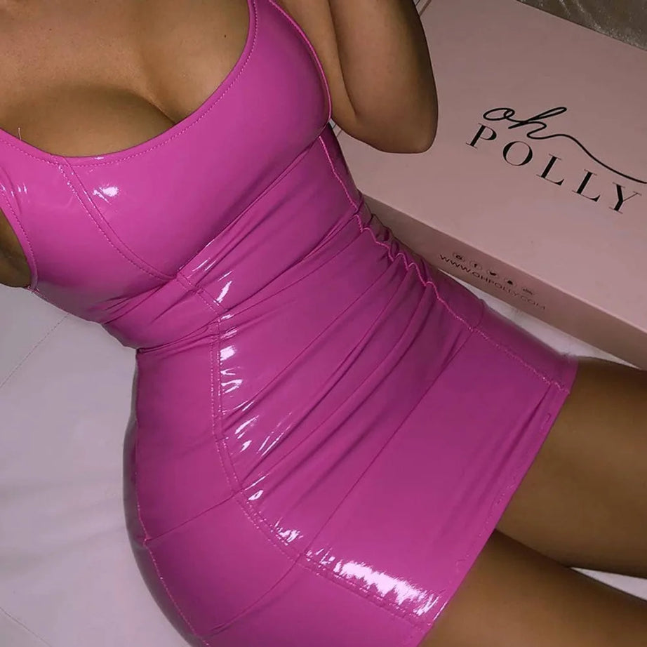 Robes Femme Été 2025 Soirée Boîte de Nuit Sexy et Tendance Robe Mini Sans Manches Fermeture Élastique en PU Haute Élastique Col Rond Jupe Cache-Cou