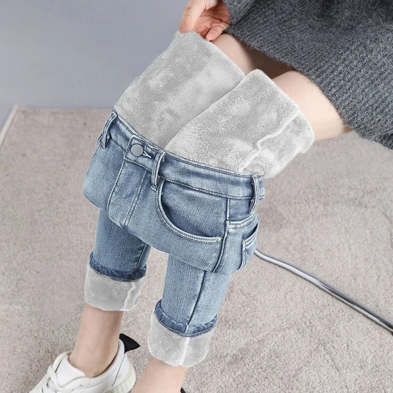 Pantalones vaqueros de invierno para mujer, gruesos, con forro polar, corte ajustado, cálidos y elásticos.