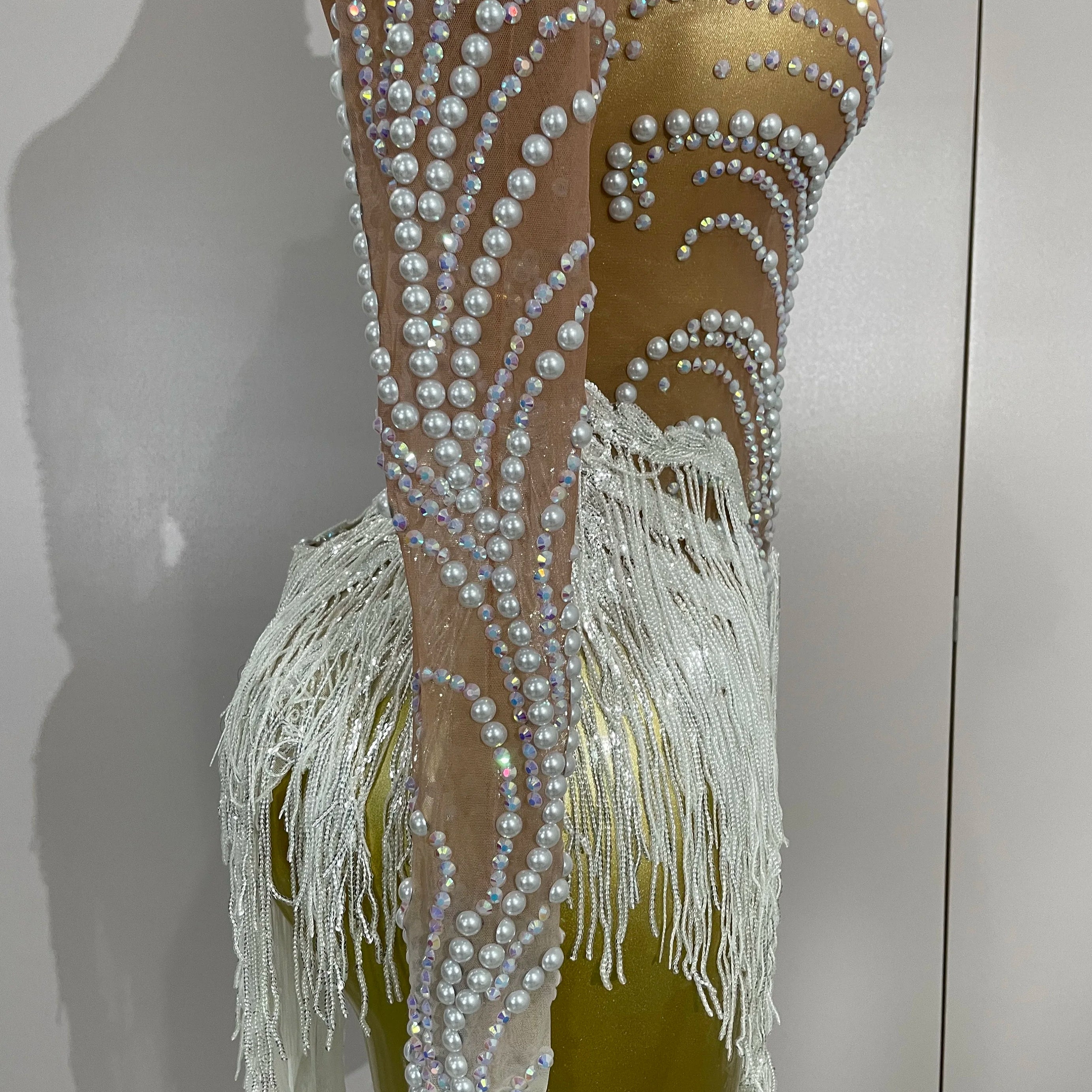 Women Sparkly Rhinestone Pearl Sequins Tassel Sexy Transparent Dress Evening Birthday Party Nightclub Dance Singer Stage Outfit