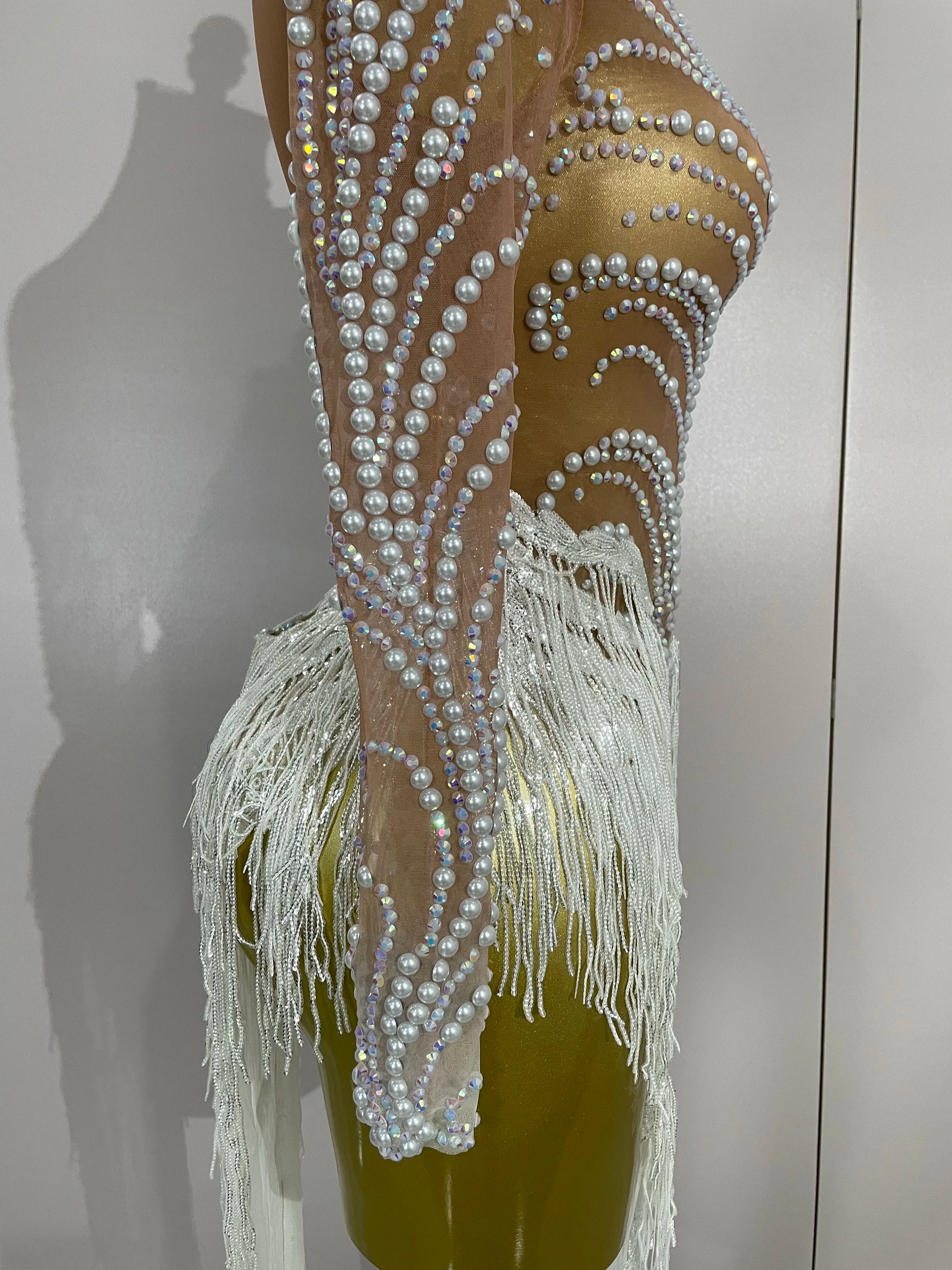 Women Sparkly Rhinestone Pearl Sequins Tassel Sexy Transparent Dress Evening Birthday Party Nightclub Dance Singer Stage Outfit