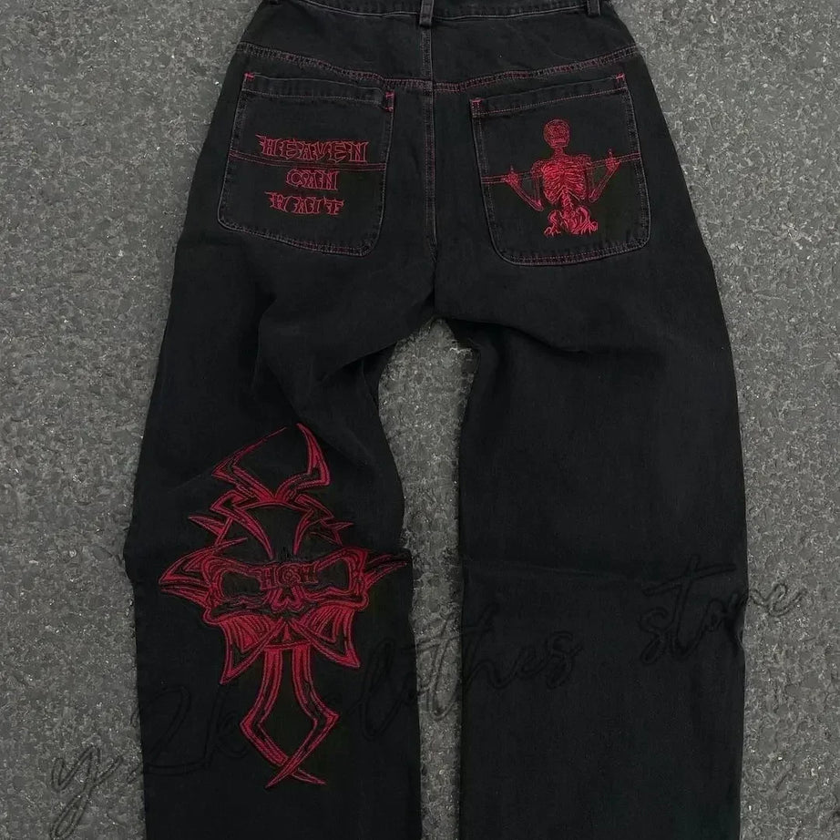 Jean tendance streetwear brodé de têtes de mort pour femme, style Harajuku Y2K, pantalon droit à jambes larges, style Joker, jean décontracté pour couple