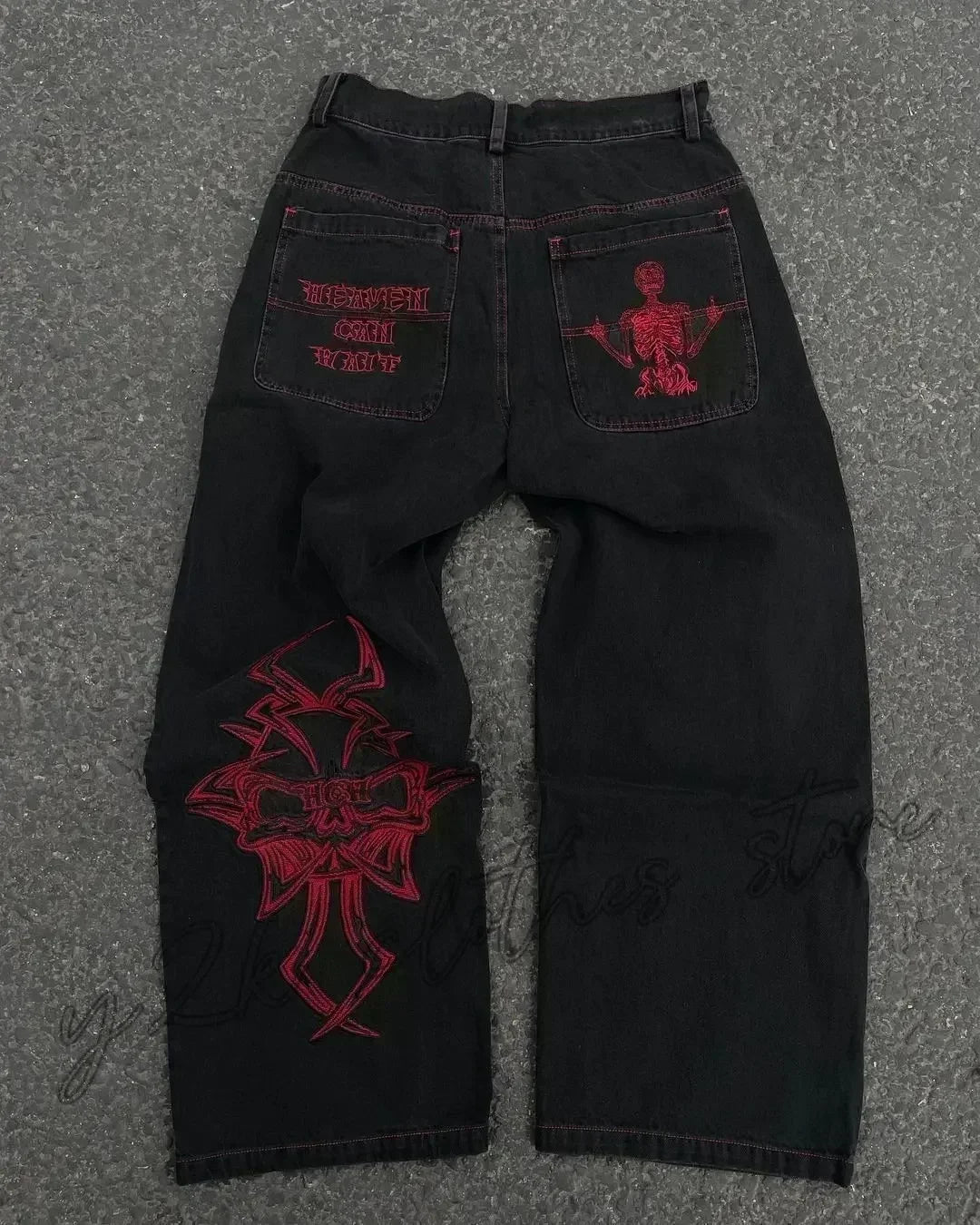 Jean tendance streetwear brodé de têtes de mort pour femme, style Harajuku Y2K, pantalon droit à jambes larges, style Joker, jean décontracté pour couple