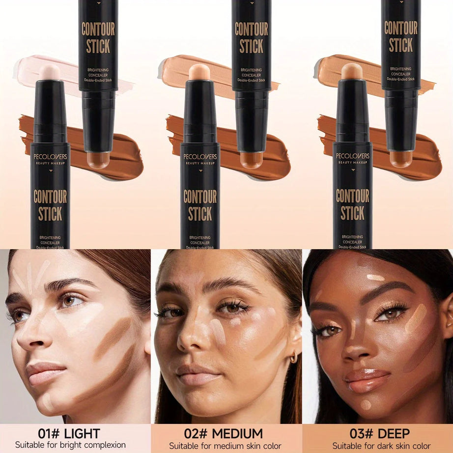 Stick contouring avec correcteur et illuminateur double embout pour un effet 3D sur l'arête du nez et un visage en V.