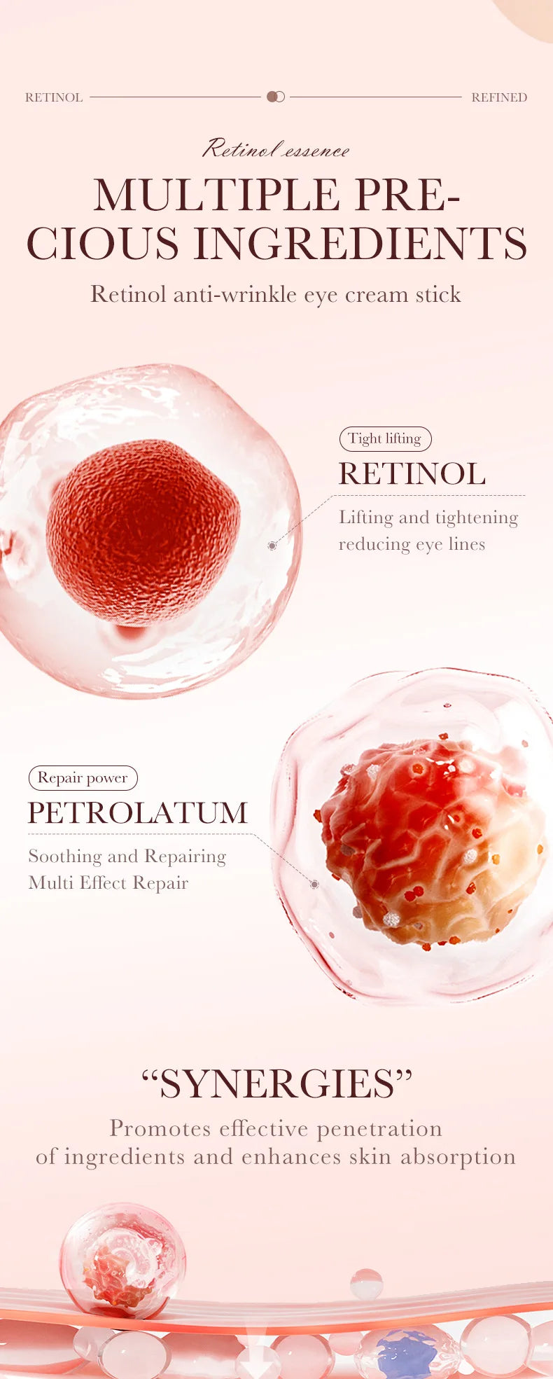 Crema de contorno de ojos con retinol en barra para eliminar ojeras, hidratar, reafirmar e iluminar la piel del contorno de ojos.