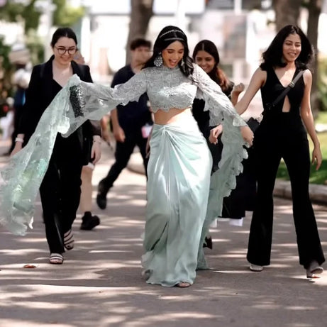 Indian Saree 2 Piece Prom Gowns Chic Lace Pleated vestido do fiesta Fashion Long Sleeve Formal Dresses Mint Color