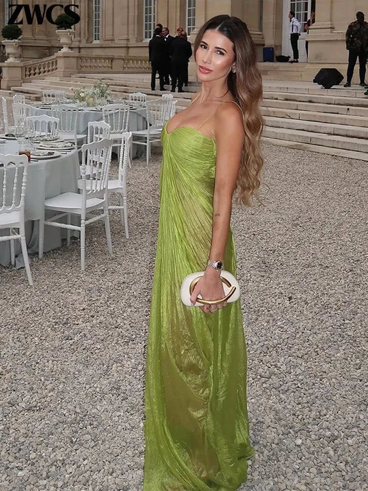 Vestidos de fiesta plisados ​​verdes 2026, nuevos vestidos de verano para mujer, sexys, sin hombros, sin espalda, con tirantes, vestidos largos lisos para mujer