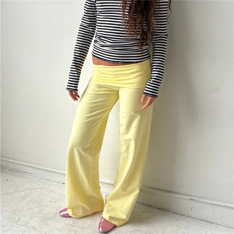 Pantalon large femme, couleur unie, taille repliable, pantalon décontracté printemps automne, pantalon de jogging ample, style streetwear Y2K