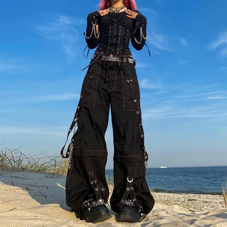 Pantalon en jean large style punk Y2K, pantalon ample gothique e-girl, pantalon cargo cyber grunge, jean baggy taille haute Harajuku pour femme