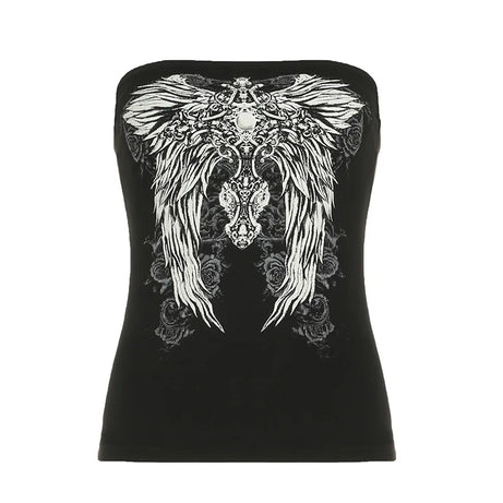 Débardeur noir sans bretelles à imprimé gothique pour femme, coupe skinny, court, style décontracté chic estival, streetwear Y2K, basique