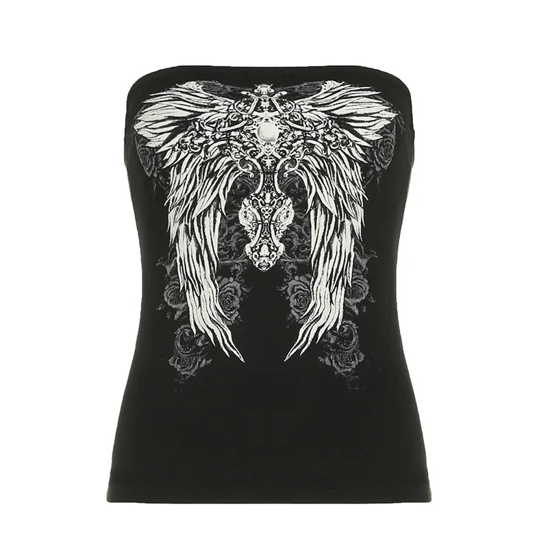 Débardeur noir sans bretelles à imprimé gothique pour femme, coupe skinny, court, style décontracté chic estival, streetwear Y2K, basique