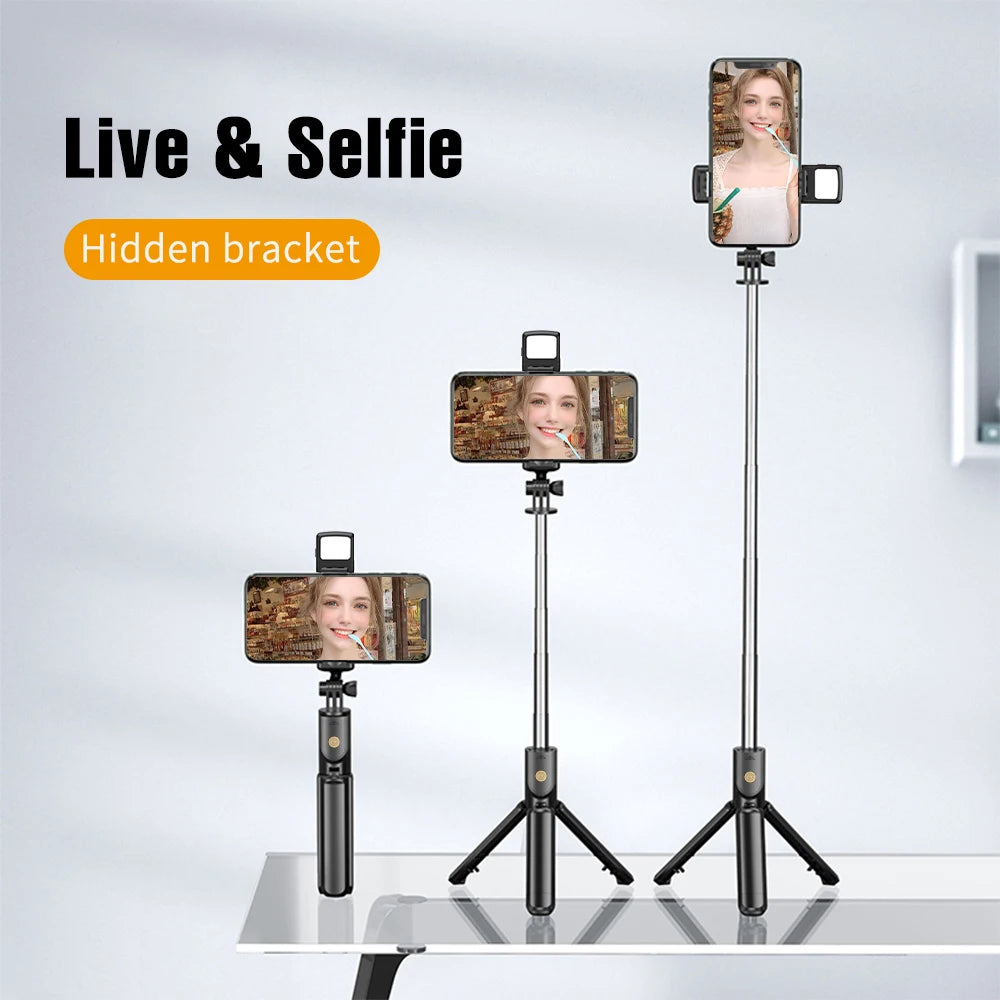 Perche à selfie sans fil avec trépied, lampe et télécommande Bluetooth extensible pour iPhone et streaming TikTok en direct