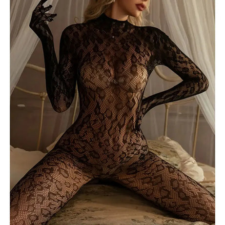 Combinaison léopard, haut résille, pantalon une pièce ajouré, lingerie grande taille, bas résille sexy, combinaison noire